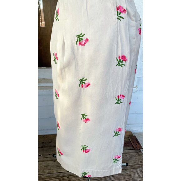 Vintage 1970s Cotton Wrap Skirt Embroidered Pink Flowers Sz M - Picture 3 of 12